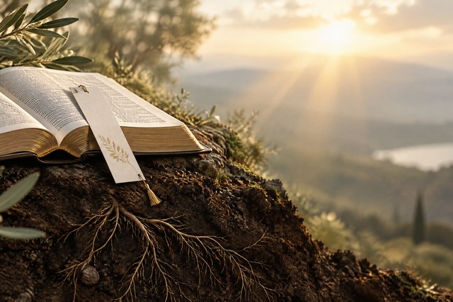 Biblia abierta junto a tierra fértil y raíces profundas